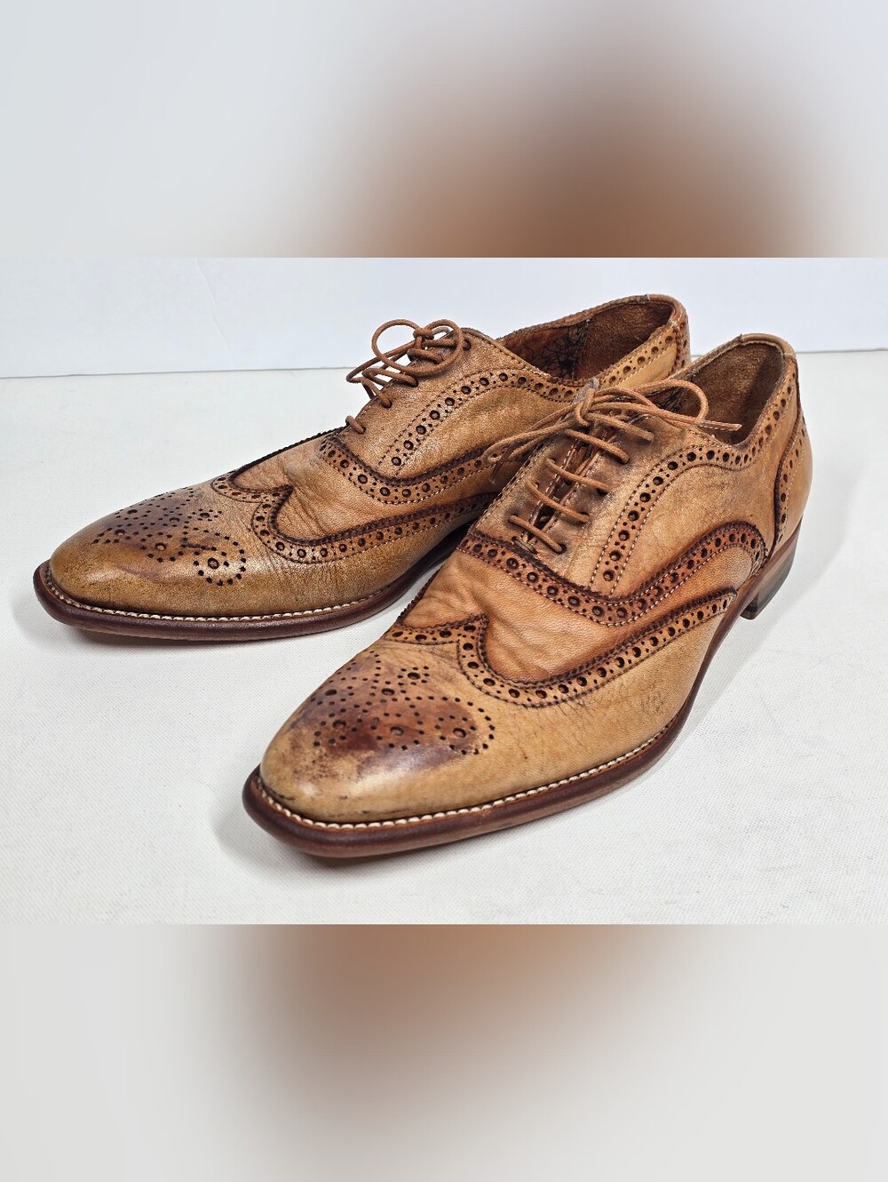 Paul Smith Leather Wingtip Brogue Oxfords Mens UK 6.5 Tan Burnished Dress Shoes